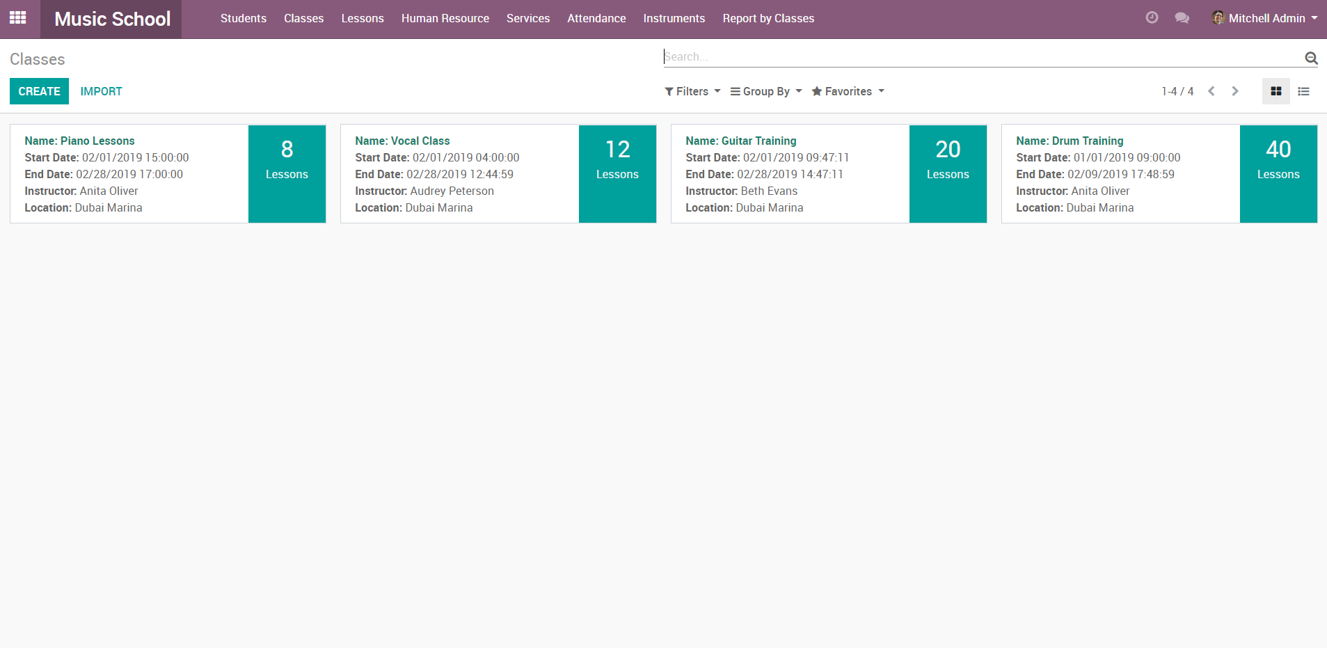 Classes Dashboard