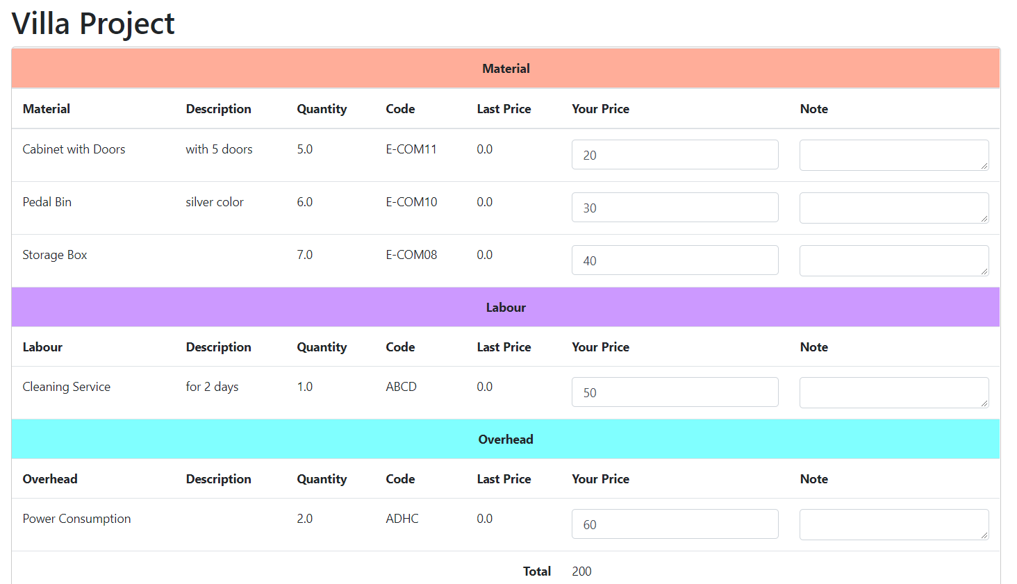 Vendor Bid Form